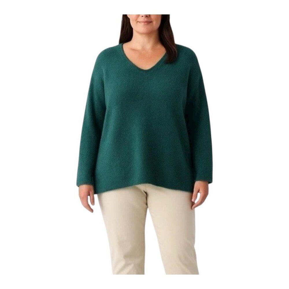 Eileen Fisher Organic Cotton Eyelash V-Neck Sweater Large Pine Green Relaxed Fit